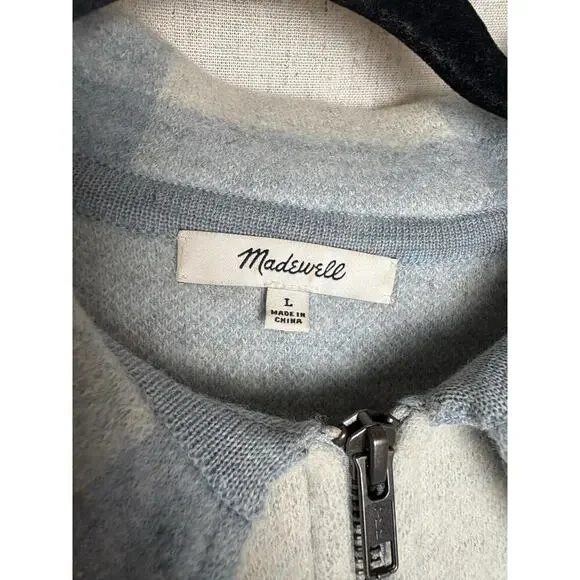 Madewell Boiled Wool Half Zip Popover Sweater Buffalo Check Heather Cream Sz.L - Picture 7 of 12